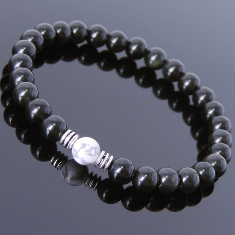 Men Women Black Obsidian White Howlite Sterling Silver Bracelet DiyNotion Handmade BR631