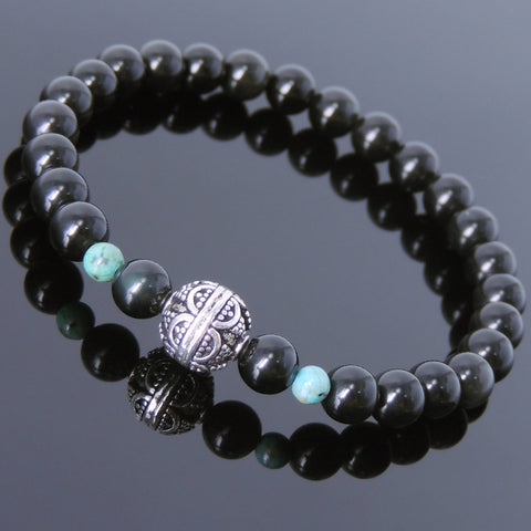 Men Women Black Obsidian African Green Turquoise Sterling Silver Bracelet DiyNotion Handmade BR632
