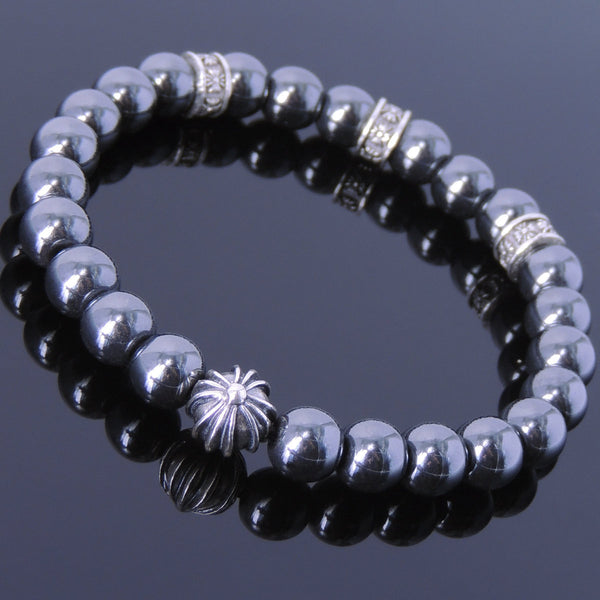 Men's Women Hematite Sterling Silver Bracelet Cross Bead DiyNotion Handmade BR634