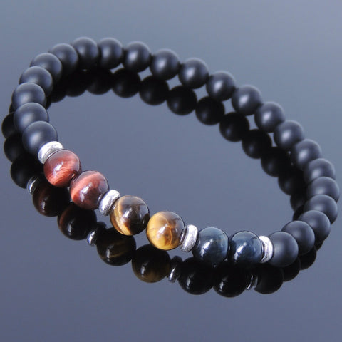 Men's Women Matte Black Onyx Blue Red Brown Tiger Eye Sterling Silver Bracelet DiyNotion Handmade BR635
