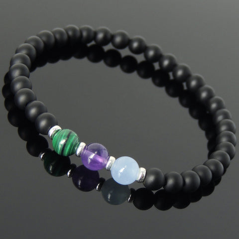 Men's Women Matte Black Onyx Malachite Amethyst Aquamarine Sterling Silver Bracelet DiyNotion Handmade BR637