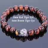 Men's Women Red Brown Tiger Eye Bracelet 925 Sterling Silver Lotus Bead Protection DiyNotion Handmade BR648