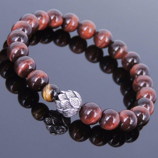 Men's Women Red Brown Tiger Eye Bracelet 925 Sterling Silver Lotus Bead Protection DiyNotion Handmade BR648