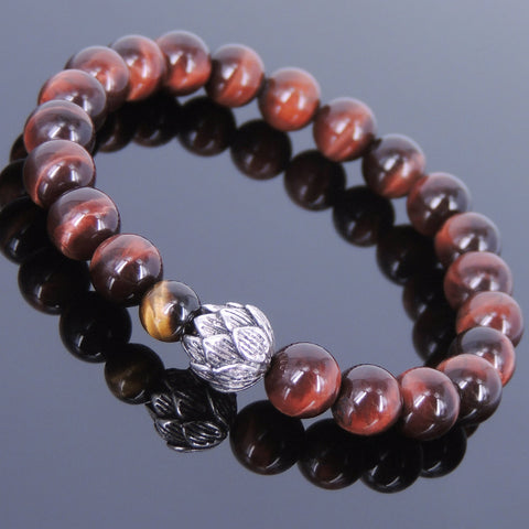 Men's Women Red Brown Tiger Eye Bracelet 925 Sterling Silver Lotus Bead Protection DiyNotion Handmade BR648