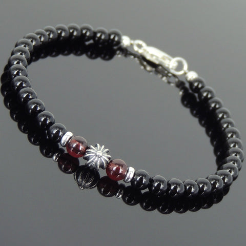 Men's Women Black Onyx Garnet 925 Sterling Silver Bracelet Cross Bead Gemstone DiyNotion Handmade BR650