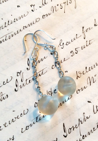 Vintage Glass Button Earrings, Translucent Frosted Round Glass Buttons, Twist Link Chain, Silver Handmade Ear Wires, FGE243
