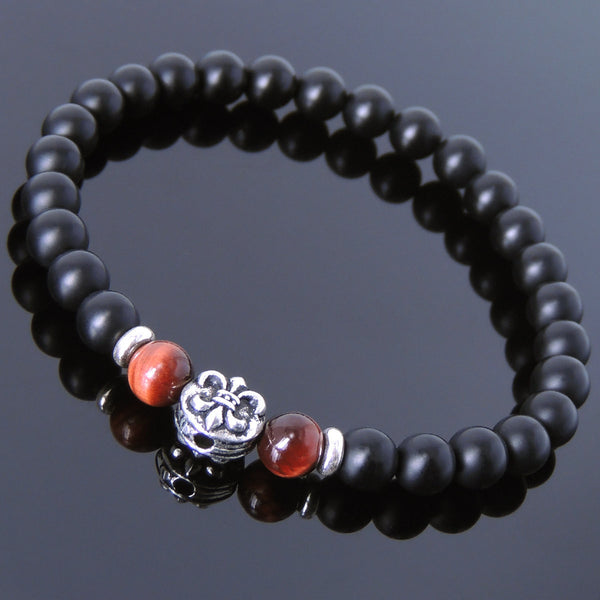 Men's Women Matte Black Onyx Red Tiger Eye 925 Sterling Silver Bracelet Fleur de Lis DiyNotion Handmade BR659