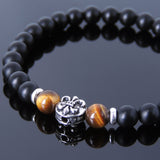 Men's Women Matte Black Onyx Tiger Eye 925 Sterling Silver Bracelet Fleur de Lis DiyNotion Handmade BR660