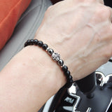 Men's Women Matte Black Onyx Hematite 925 Sterling Silver Bracelet Fleur de Lis DiyNotion Handmade BR664