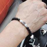 Men's Women Matte Black Onyx White Howlite 925 Sterling Silver Bracelet Fleur de Lis DiyNotion Handmade BR665