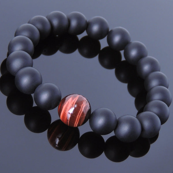 Men's Women Matte Black Onyx Red Tiger Eye Bracelet Healing Gemstone DiyNotion Handmade BR653
