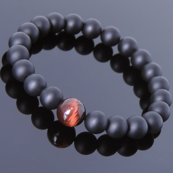 Men's Women Matte Black Onyx Red Tiger Eye Bracelet Healing Gemstone DiyNotion Handmade BR652