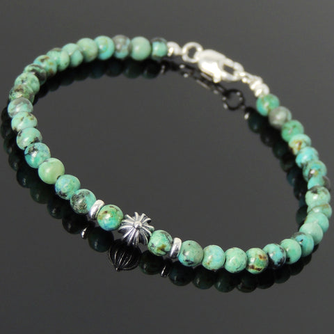 Men's Women African Green Turquoise Sterling Silver Bracelet Gemstone 925 Cross Bead Clasp DiyNotion Handmade BR658