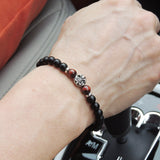 Men's Women Matte Black Onyx Red Tiger Eye 925 Sterling Silver Bracelet Fleur de Lis DiyNotion Handmade BR659