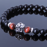 Men's Women Matte Black Onyx Red Tiger Eye 925 Sterling Silver Bracelet Fleur de Lis DiyNotion Handmade BR659