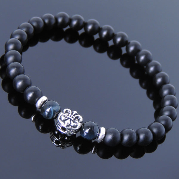 Men's Women Matte Black Onyx Tiger Eye 925 Sterling Silver Bracelet Fleur de Lis DiyNotion Handmade BR661