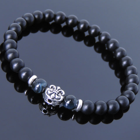 Men's Women Matte Black Onyx Tiger Eye 925 Sterling Silver Bracelet Fleur de Lis DiyNotion Handmade BR661