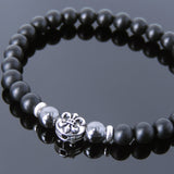 Men's Women Matte Black Onyx Hematite 925 Sterling Silver Bracelet Fleur de Lis DiyNotion Handmade BR664