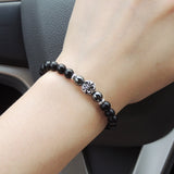 Men's Women Matte Black Onyx Hematite 925 Sterling Silver Bracelet Fleur de Lis DiyNotion Handmade BR664