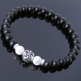 Men's Women Matte Black Onyx White Howlite 925 Sterling Silver Bracelet Fleur de Lis DiyNotion Handmade BR665