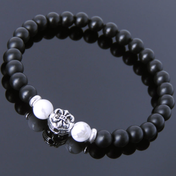 Men's Women Matte Black Onyx White Howlite 925 Sterling Silver Bracelet Fleur de Lis DiyNotion Handmade BR665