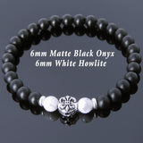 Men's Women Matte Black Onyx White Howlite 925 Sterling Silver Bracelet Fleur de Lis DiyNotion Handmade BR665