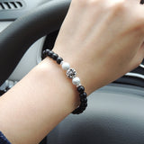 Men's Women Matte Black Onyx White Howlite 925 Sterling Silver Bracelet Fleur de Lis DiyNotion Handmade BR665