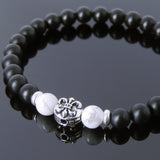 Men's Women Matte Black Onyx White Howlite 925 Sterling Silver Bracelet Fleur de Lis DiyNotion Handmade BR665