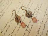 Vintage Mother of Pearl Button Earrings, Dark MOP Earrings, Pink Mother of Pearl, Pink Bead Drops, Copper Ear Wires, Dangle Earrings, MPE229