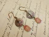 Vintage Mother of Pearl Button Earrings, Dark MOP Earrings, Pink Mother of Pearl, Pink Bead Drops, Copper Ear Wires, Dangle Earrings, MPE229