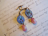 Vintage Mother of Pearl Button Earrings, Dark MOP Earrings, Pink Mother of Pearl, Pink Bead Drops, Copper Ear Wires, Dangle Earrings, MPE229