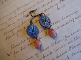 Vintage Mother of Pearl Button Earrings, Dark MOP Earrings, Pink Mother of Pearl, Pink Bead Drops, Copper Ear Wires, Dangle Earrings, MPE229