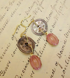 Vintage Mother of Pearl Button Earrings, Dark MOP Earrings, Pink Mother of Pearl, Pink Moonglow Glass Bead Drops, Gold Ear Wires, MPE236