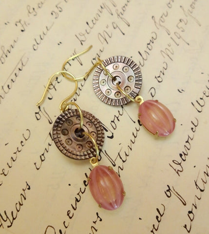 Vintage Mother of Pearl Button Earrings, Dark MOP Earrings, Pink Mother of Pearl, Pink Moonglow Glass Bead Drops, Gold Ear Wires, MPE236