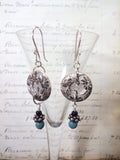 Silver Button Earrings, Vintage Silver Metal Buttons, Flower, Turquoise Bead, Handmade Silver Ear Wires, Art Deco Earrings, SME239