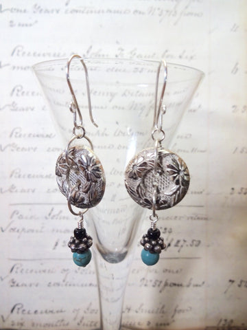 Silver Button Earrings, Vintage Silver Metal Buttons, Flower, Turquoise Bead, Handmade Silver Ear Wires, Art Deco Earrings, SME239
