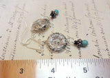 Silver Button Earrings, Vintage Silver Metal Buttons, Flower, Turquoise Bead, Handmade Silver Ear Wires, Art Deco Earrings, SME239