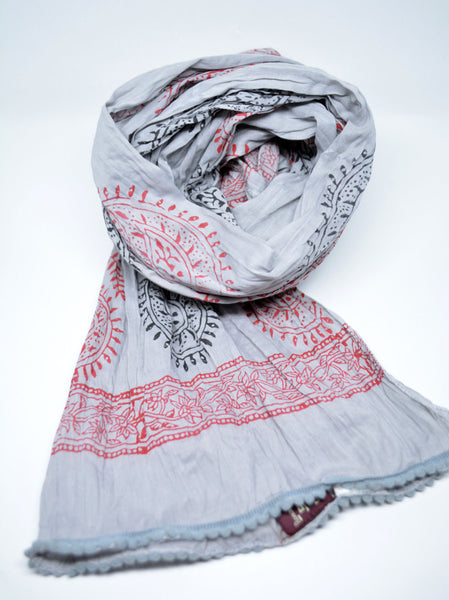 Cotton Scarf Block Print Scarf Handloom Cotton Grey Boho Scarf Spring Scarf Gift For her Gift For Him Sciarpa Cotone Grigio