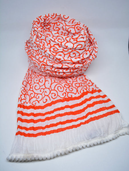 Cotton Scarf,Block Print Scarf,Handloom Rayon Orange Boho Scarf Summer Scarf Spring Accessories Gift For her Sciarpa Cotone Arancione