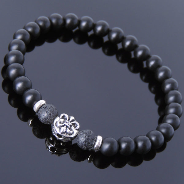 Men's Women Matte Black Onyx Lava Rock 925 Sterling Silver Bracelet Fleur de Lis DiyNotion Handmade BR666