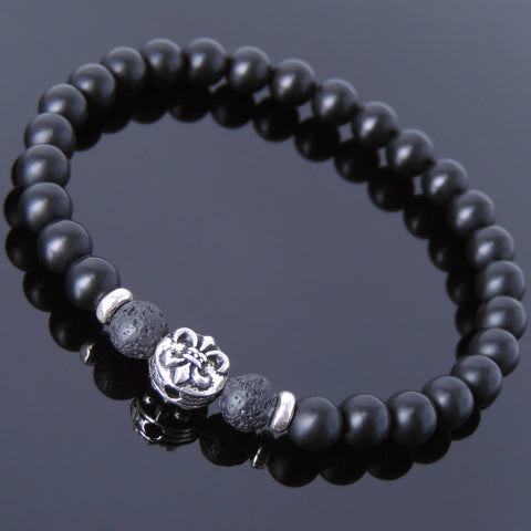 Men's Women Matte Black Onyx Lava Rock 925 Sterling Silver Bracelet Fleur de Lis DiyNotion Handmade BR666