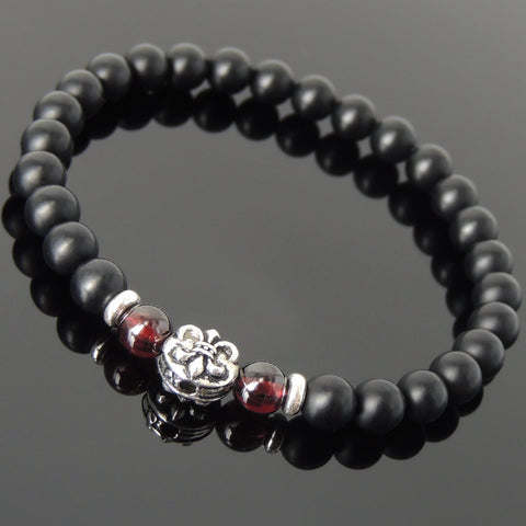 Men's Women Matte Black Onyx Garnet 925 Sterling Silver Bracelet Fleur de Lis DiyNotion Handmade BR667