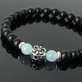 Men's Women Matte Black Onyx Aquamarine 925 Sterling Silver Bracelet Fleur de Lis DiyNotion Handmade BR668