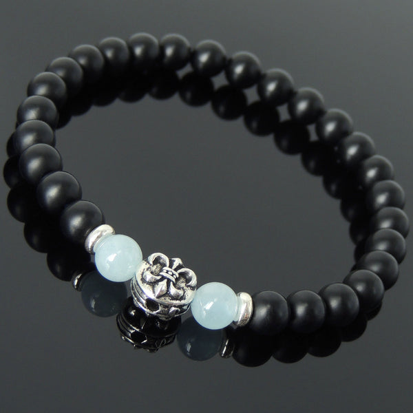 Men's Women Matte Black Onyx Aquamarine 925 Sterling Silver Bracelet Fleur de Lis DiyNotion Handmade BR668
