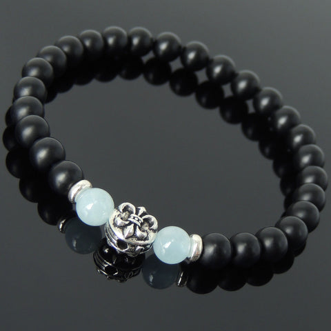 Men's Women Matte Black Onyx Aquamarine 925 Sterling Silver Bracelet Fleur de Lis DiyNotion Handmade BR668