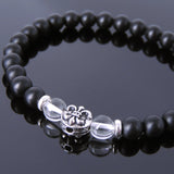 Men's Women Matte Black Onyx White Crystal 925 Sterling Silver Bracelet Fleur de Lis DiyNotion Handmade BR669