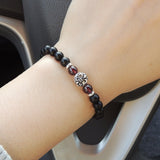 Men's Women Matte Black Onyx Garnet 925 Sterling Silver Bracelet Fleur de Lis DiyNotion Handmade BR667