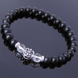 Men's Women Matte Black Onyx White Crystal 925 Sterling Silver Bracelet Fleur de Lis DiyNotion Handmade BR669