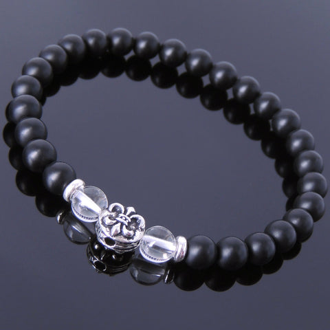 Men's Women Matte Black Onyx White Crystal 925 Sterling Silver Bracelet Fleur de Lis DiyNotion Handmade BR669