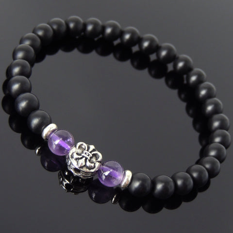 Men's Women Matte Black Onyx Amethyst 925 Sterling Silver Bracelet Fleur de Lis DiyNotion Handmade BR670